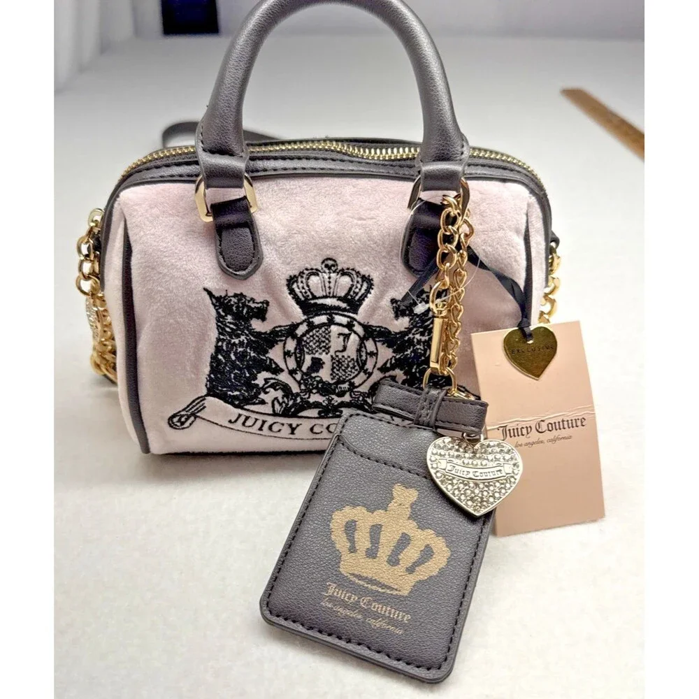 Juicy Couture Pink Velour Mini Satchel Scottie Dogs Crown Bag Charm Y2K Purse